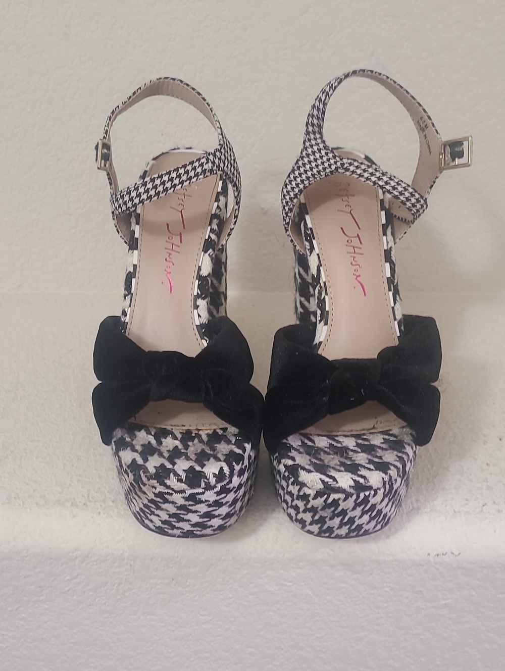 Betsey Johnson Black & White Houndstooth Platform Sandals with Black Bow